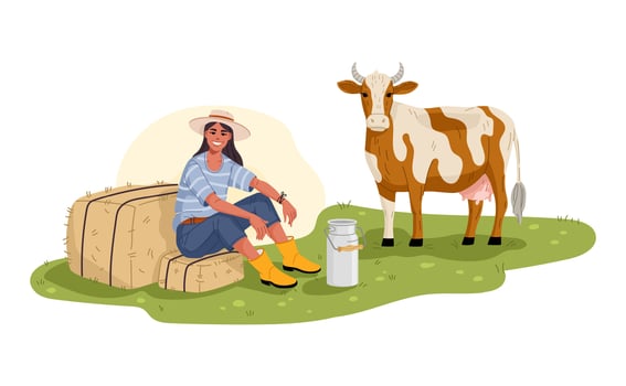 Smiling young farmer woman character and cow vector