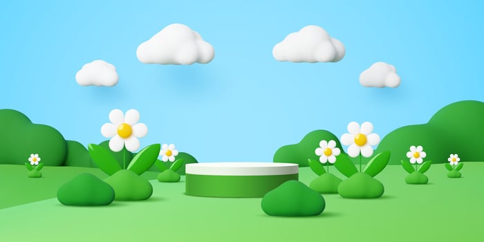 Kids podium stage with green meadow and flowers vector