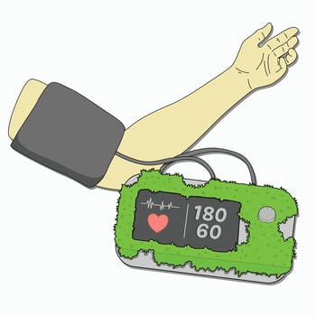 illustration of blood pressure measurement with a blood pressure measuring device covered in moss. vector