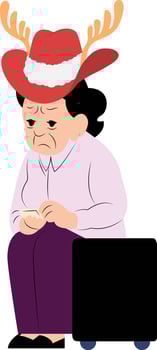 An old woman wearing a deer antlers hat is sitting on a suitcase vector