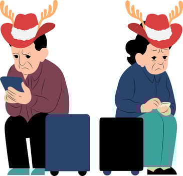 An elderly couple sitting on luggage and looking at their phones vector