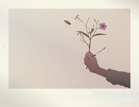 Old instant photograph film fade condition of silhouette hand holding minnieroot flower with stained effect graphic illustration have blank space. vector