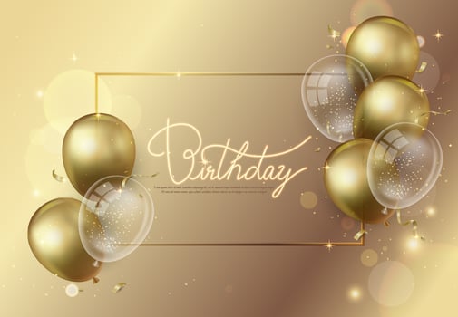 Birthday greeting card on golden background with golden and transparent balloons vector