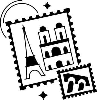 Paris stamps with famous french landmarks, glyph sticker vector