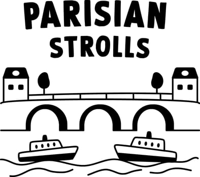 Boats cruising under a bridge with parisian strolls text, glyph sticker vector