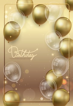 Birthday card with vertical golden background and golden and transparent balloons vector