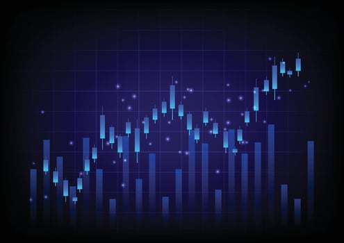 Stock and investment concept. Candlestick with bar graph on a table background. Bullish market, profit of wealth, high risk high return, business growth up. vector
