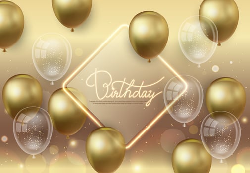 Birthday card with a golden background, a diamond border and Happy Birthday in the middle, and golden and transparent balloons vector