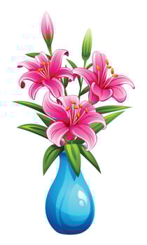 Pink lilies in blue vase with leaves and flower buds. Cartoon illustration vector