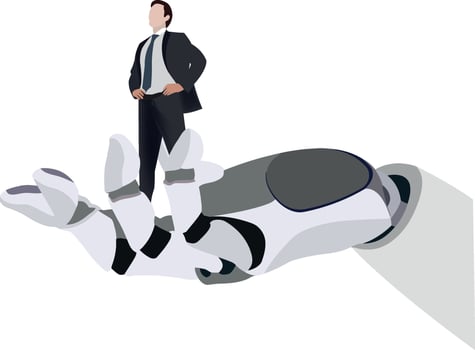 Businessman standing on robot hand with business card vector