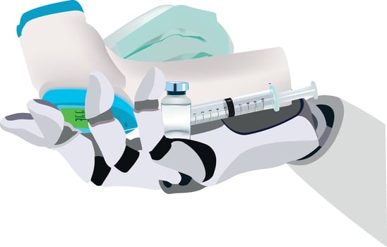 A robot hand holding a syringe and a bottle vector