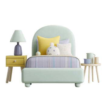 3D Render of Pastel Bedroom Interior with Bed Nightstand Lamp and Decorative Items on Transparent Background png