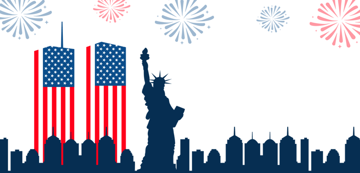 NYC Skyline with Statue of Liberty and WTC Memorial. 4of july usa building with fireworks. usa flag with usa building. twin tower with usa flag png