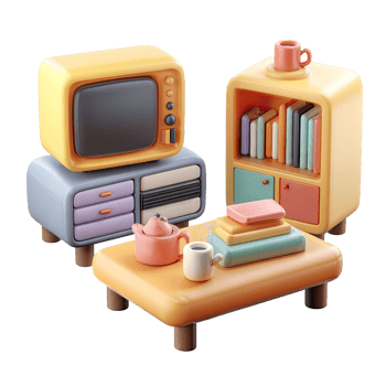 3D Rendered Illustration of a Cozy Living Room with Pastel Colored Stylized Furniture and Objects png
