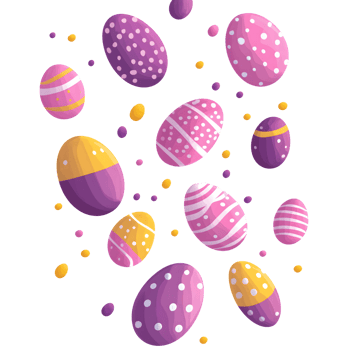 Festive Easter Eggs Design Purple, Pink, and Yellow Patterned Eggs on Transparent Background png