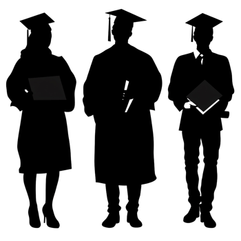 Silhouette of diverse graduates in graduation gowns and caps holding diplomas, celebrating academic achievement and success on a transparent background png