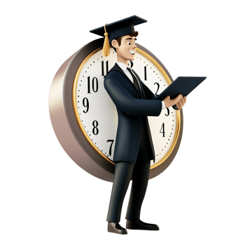 Smiling 3D rendering of a young Caucasian man in graduation gown holding a diploma with a clock in the background Concept of time management, education, and success png