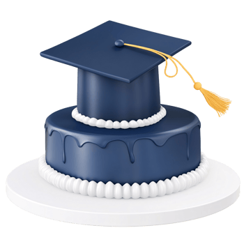 Elegant graduation cake with blue mortarboard cap and golden tassel, celebrating academic achievement and success on a transparent background Concept of education, celebration, and graduation png