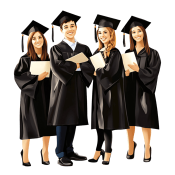 Group of happy diverse young adult graduates in graduation gowns holding diplomas, celebrating academic achievement and success on transparent background png