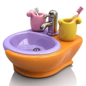 Cartoon Bathroom Sink With Purple Basin And Orange Base And Colorful Toothbrush Holders png