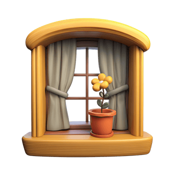 Cartoon Wooden Window Illustration With Beige Curtains And Flower Pot png