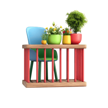 Colorful Floral Arrangement On Wooden Structure Featuring Chairs With Vibrant Hues Isolated on Transparent Background png