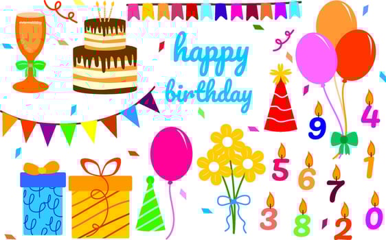 A set of bright birthday items on a white background vector
