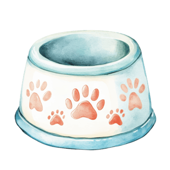 A pet bowl with pawprints on transparent background. png