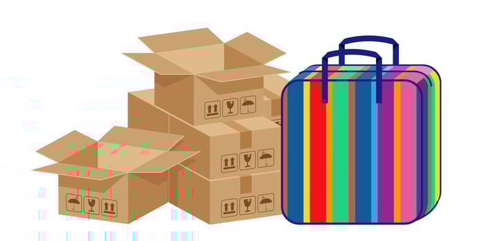 crate boxes and rainbow plastic shopping bag, cargo, stock, shipping, delivery, transportation concept, cargo packaging, box and colored bag rainbow, cardboard parcel boxes and bag isolated on white vector
