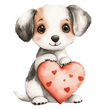 Puppy holding a heart on transparent background. png