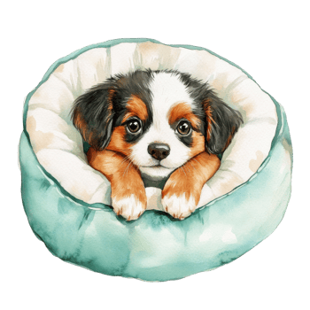 Puppy in a doggie bed on transparent background. png