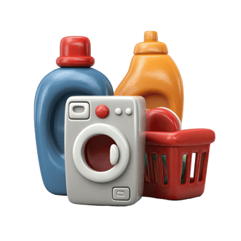 Laundry Essentials Stylized Illustration Featuring Blue And Yellow Detergent Bottles Washing Machine And Red Basket png