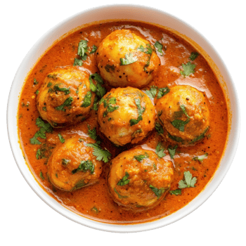 Dish of potato koftas on transparent background. png