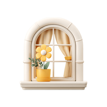 Stylized 3D Rendered Illustration of a Window Featuring Flower and Yellow Curtains Against Transparent Background png