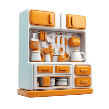 Stylized Orange And White Kitchen Cabinet With Utensils Displayed In Clean Minimal Style png