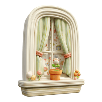 Whimsical 3D Rendered Window With Floral Curtains And Flower Pot Illustration On Transparent Background png