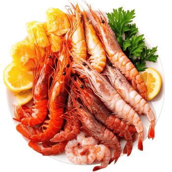 Plate of cooked shrimp on transparent background. png