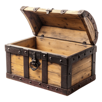 Open wooden treasure box on transparent background. png