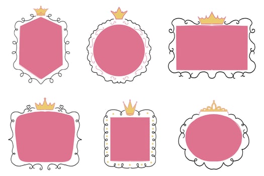 Princess cute set pink frame sketch with crown swirl decorations. Simple doodle hand drawn border. Whimsical elegant vintage. vector