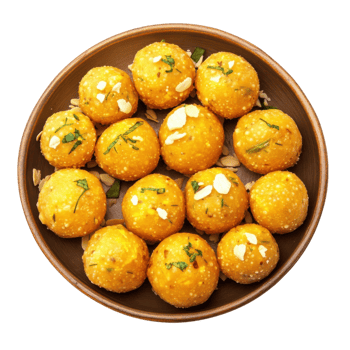 Laddu sweets in the bowl on transparent background. png