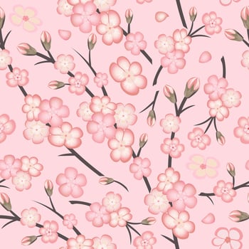 Spring seamless pattern with sakura branch flowers on pink background. Pink flowers of Japanese cherry, or apple flowers. vector