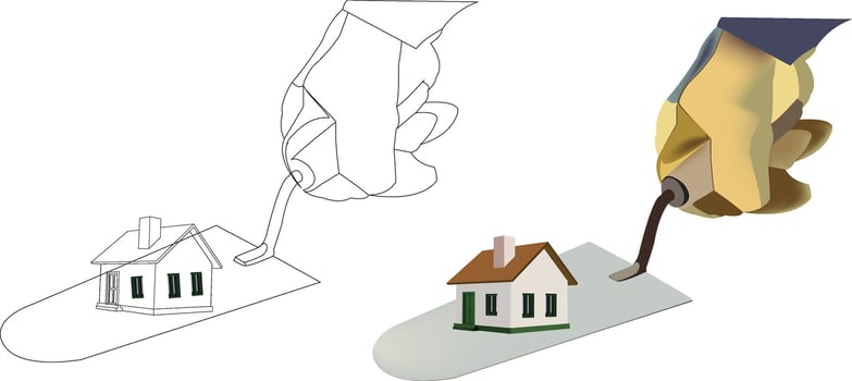 Hand holding a paintbrush and a house vector
