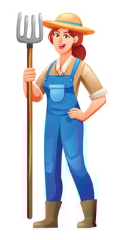 Smiling female farmer holding a pitchfork in blue overalls and hat, standing confidently. Cartoon illustration vector