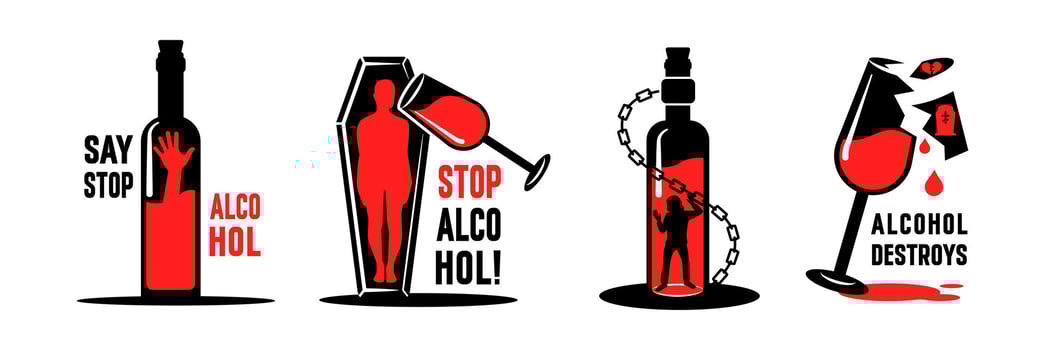 Alcohol Addiction Awareness Icons. Bottle, Chain, Grave Symbol Silhouettes vector