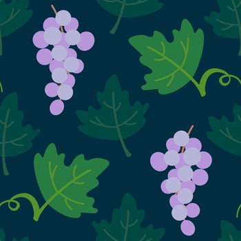 Seamless floral pattern with leaves and bunches of grapes on a dark background. Suitable for fabric, textile, wrapper, packaging, background, cover vector