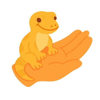 Adorable yellow gecko resting on a human hand, cheerful exotic pet flat cartoon illustration. vector