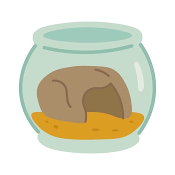 Flat cartoon illustration of a glass aquarium with sandy bottom and cozy rock hideout for aquatic pets. vector