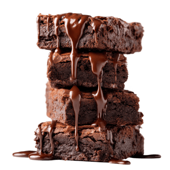 Stacked brownies with chocolate drizzle on transparent background png