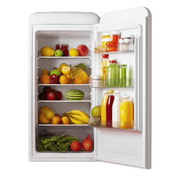 Open fridge filled with food items on transparent background png
