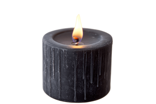 Lit black candle with dripping wax on transparent background. Minimalist, isolated item for decoration, celebration png